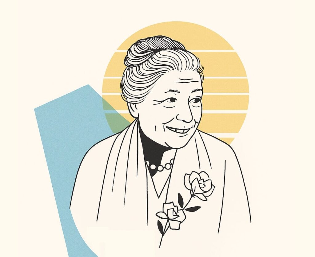 Ilustracja dr Idy Rolf – założycielki metody Integracji Strukturalnej, na tle graficznego słońca i niebieskiego kształtu.